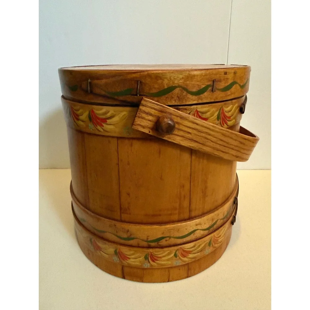 VTG Firkin Hand Painted Wooden Sewing Basket Floral Folk Art Lined Bucket Handle